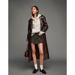 Bershka Oversized Trenchcoat Met Leereffect Dames Xs Bruin