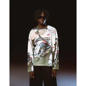 Bershka Jt Racing Honda T-Shirt Met Lange Mouw En Mesh-Print Heren Xl Veelkleurig