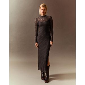 Bershka Kanten Midi-Jurk Met Lange Mouw Dames Xs Donkergrijs