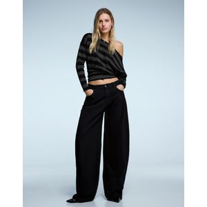 Bershka Asymmetrisch T-Shirt Met Lange Mouw Met Glanzende Strepen Dames M Grijs