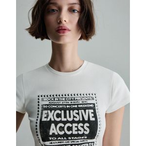Bershka T-Shirt Met Korte Mouw, Studs En Print Dames L Gebroken Wit
