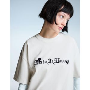 Bershka T-Shirt Met Print En Korte Mouw Dames Xs Gebroken Wit