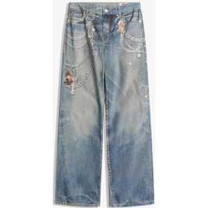 Bershka Baggy Jeans Met Monchhichi-Print Dames 38 Gewassen Blauw
