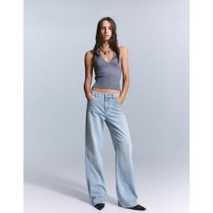 Bershka Straight Wide Leg Jeans Met Stras Dames 38 Gewassen Blauw