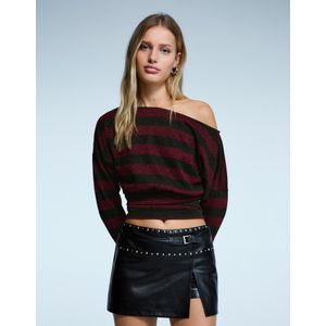 Bershka Asymmetrisch T-Shirt Met Lange Mouw Met Glanzende Strepen Dames S Bordeaux
