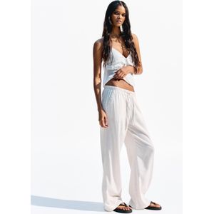 Bershka Linnenmix Broek Met Elastische Tailleband Dames L Zand