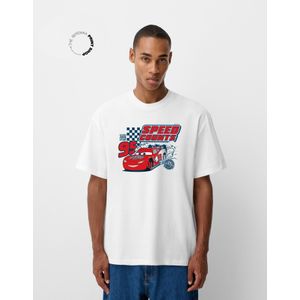 Bershka T-Shirt Met Auto's, Korte Mouw En Digitale Filter Heren Xl Wit