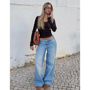 Bershka Jeans Met Lage Taille En Wijde Pijpen Dames 36 Gewassen Blauw