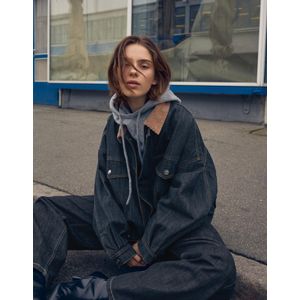 Bershka Oversized Denim Jack Met Contrasterende Kraag Dames Xxs Marineblau