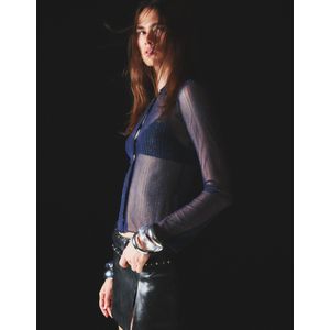 Bershka Tule T-Shirt Met Lange Mouw En Stras Dames L Marineblau