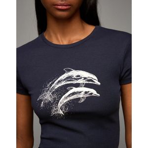 Bershka T-Shirt Met Print En Korte Mouw Dames S Donkerblauw