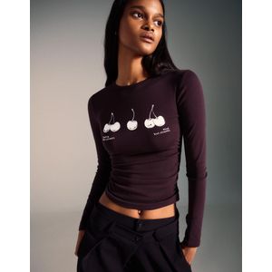 Bershka T-Shirt Met Lange Mouw, Plooien En Print Dames L Paars