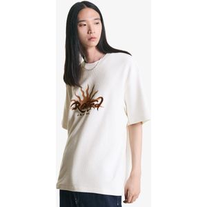 Bershka Geborduurd T-Shirt Met Korte Mouwen En Structuur Heren M Gebroken Wit