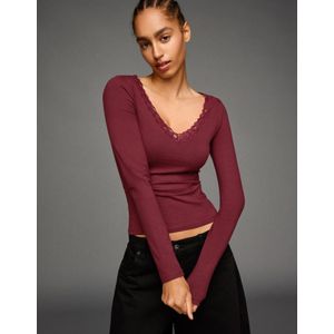 Bershka Kanten T-Shirt Met Lange Mouw Dames S Bordeaux