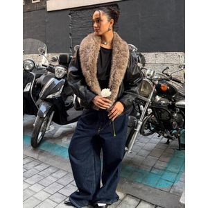Bershka Jack Met Leereffect En Kraag Van Imitatiebont Dames L Zwart
