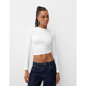 Bershka Polyamide T-Shirt Met Plooien En Lange Mouw Dames Xs Ecru