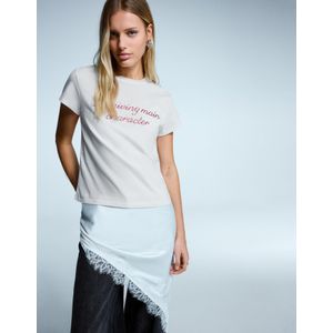 Bershka T-Shirt Met Korte Mouw, Print En Strass Dames Xs Gebroken Wit