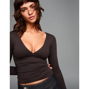 Bershka T-Shirt Met Plooi En Lange Mouw Dames M Bruin