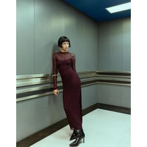 Bershka Kanten Midi-Jurk Met Lange Mouw Dames S Bordeaux