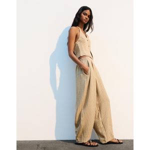 Bershka Linnenmix Balloon Fit Broek Met Bandplooi Dames L Kameel