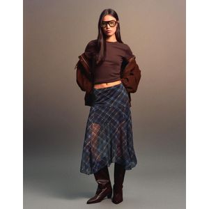 Bershka Asymmetrische Halflange Rok Met Ruiten Dames Xs Marineblau