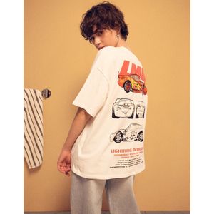 Bershka T-Shirt Met Cars Print En Korte Mouw Dames M Gebroken Wit