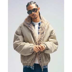 Bershka Jack Met Imitatiebontkraag Heren L Ecru