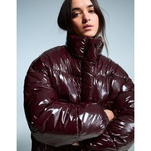 Bershka Pufferjack Met Vinyleffect Dames M Bordeaux