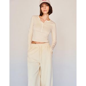 Bershka T-Shirt Met Lange Mouw En Polosluiting Dames L Beige
