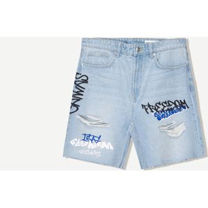 Bershka Denim Short Met Print Heren 44 Gewassen Blauw