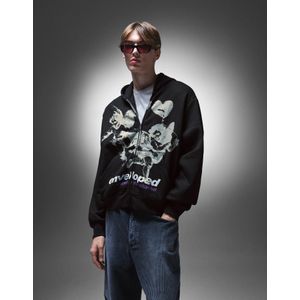 Bershka Capuchonsweater Met Print En Rits Heren M Zwart