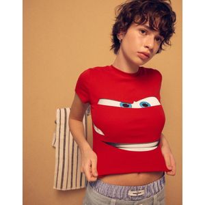 Bershka T-Shirt Met Cars Print En Korte Mouw Dames Xs Rood