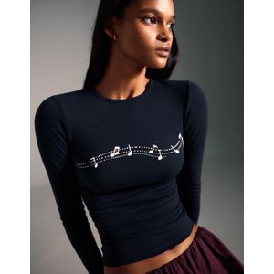 Bershka T-Shirt Met Lange Mouw, Plooien En Print Dames Xs Marineblau