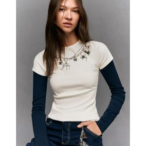 Bershka T-Shirt Met Print En Korte Mouw Dames S Gebroken Wit