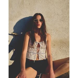 Bershka Top Met Print En Kanten Afwerking En Strikjes Dames M Wit