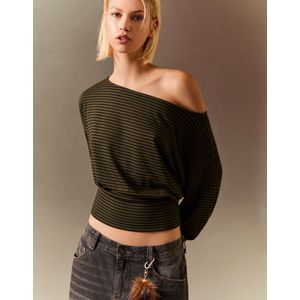 Bershka Gestreept T-Shirt Met Lange Mouw En Heupband Dames Xs Kaki