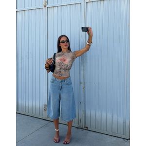 Bershka Baggy Denim Bermuda Jorts Dames 32 Gewassen Blauw