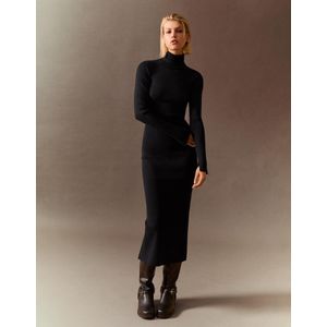 Bershka Geribde Midi-Jurk Met Opstaande Kraag Dames Xs Zwart