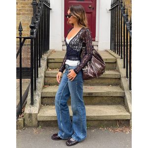 Bershka Kanten T-Shirt Met Lange Mouw En Knoop Dames L Marineblau