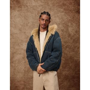 Bershka Denim Jack Met Imitatiebonten Kraag Heren S Marineblau