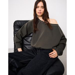 Bershka Asymmetrische Fleece Trui Met Studs Dames S Kaki