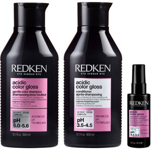 Redken Acidic Color Gloss Shampoo 300ml, Conditioner 300ml and Heat Protection Treatment 45ml, Glass-Like Shine