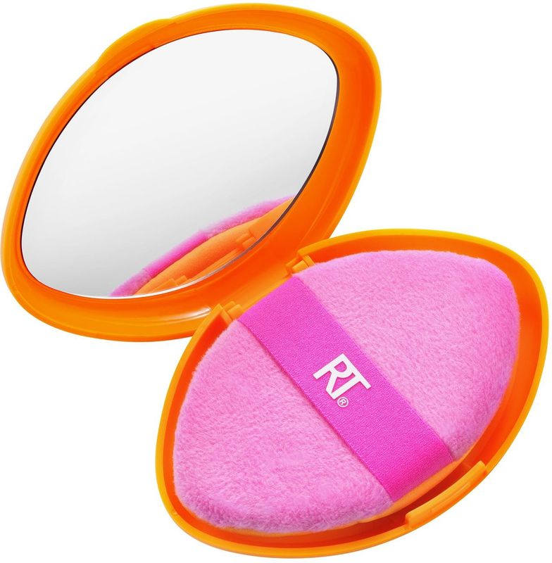 REAL TECHNIQUES Miracle 2-in-1 poederdonsje + reiskoffer, dubbelzijdige make-up blending puff, elastische band, precisie-make-upspons en poederdons, voor vloeistof, crème en poeder, reiskoffer, 2