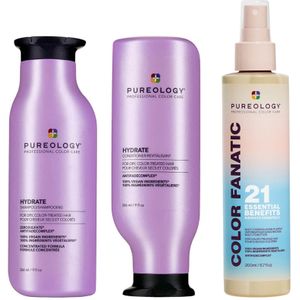 Pureology Hydrate Shampoo, Conditioner and Color Fanatic Multi-Benefit Leave-in, Moisturising Bundle for Dry Hair