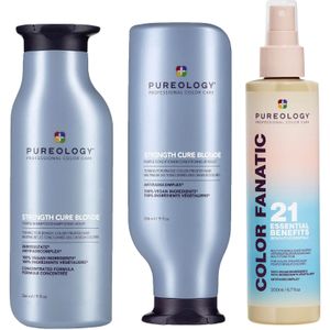 Pureology Strength Cure Blonde Purple Shampoo, Conditioner and Color Fanatic Spray Routine for Toning Brassy Hair