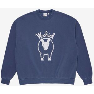 Woolrich unisex Sweater met ronde hals van zuiver katoen met logoprint op de borst en achterkant Blauw Grootte L
