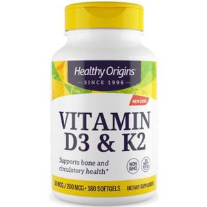 Vitamin D3 & K2, 50mcg/200mcg, 180 Softgels, Healthy Origins