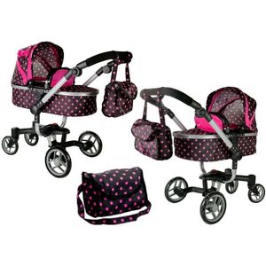 Poppen wandelwagen met tas - Zwart met roze - 80 x 38,5 x 75 cm