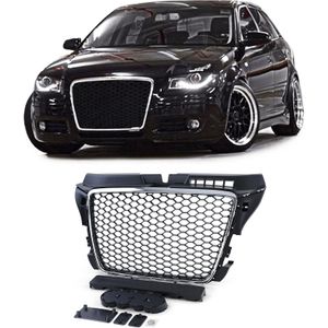 Radiateurgrill - Audi A3 8P 08-13 - Badgeloos honingraatrooster - Zwart mat/chroom - 63x20x15cm