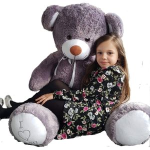 Grote grijze knuffelbeer teddybeer met I Love You tekst geborduurd 160cm